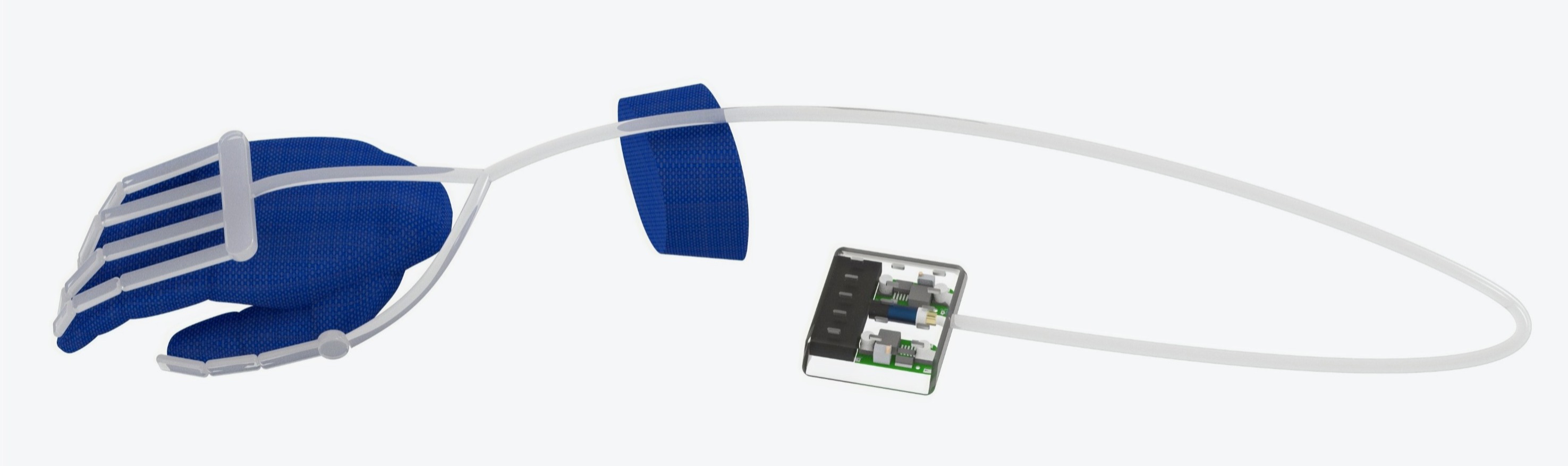 System render of the exoskeleton: sensing glove, control board and actuation strap